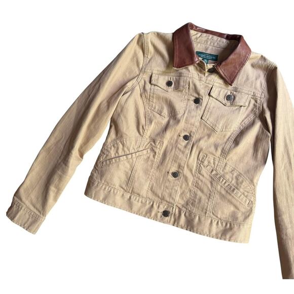 Y2K Ralph Lauren khaki denim work wear chore jacket with brown leather collar M - Picture 2 of 5